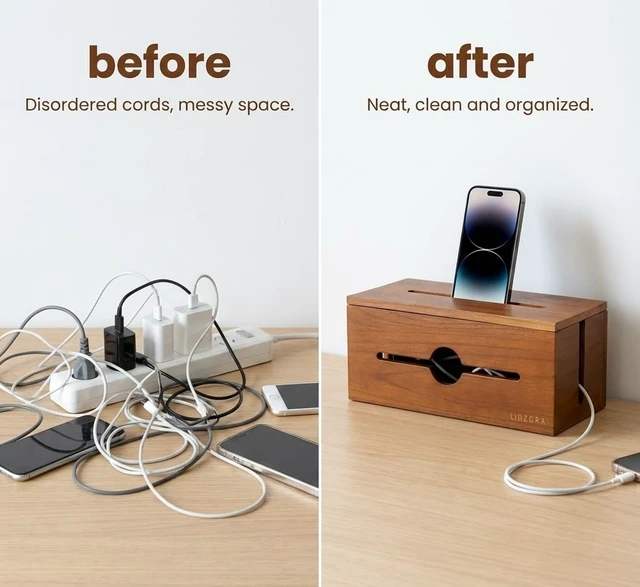 Alt view image 3 of 7 - Wooden Cable Management Box for Power Strips, Desk Cord Organizer for Home Office & TV Stand, Hidden Cable Storage with Phone Stand