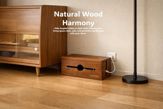 Alt view image 5 of 7 - Wooden Cable Management Box for Power Strips, Desk Cord Organizer for Home Office & TV Stand, Hidden Cable Storage with Phone Stand