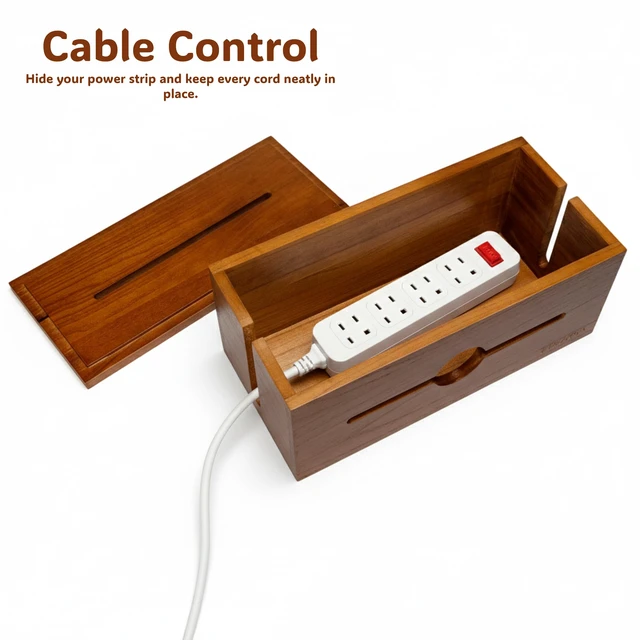 Alt view image 6 of 7 - Wooden Cable Management Box for Power Strips, Desk Cord Organizer for Home Office & TV Stand, Hidden Cable Storage with Phone Stand