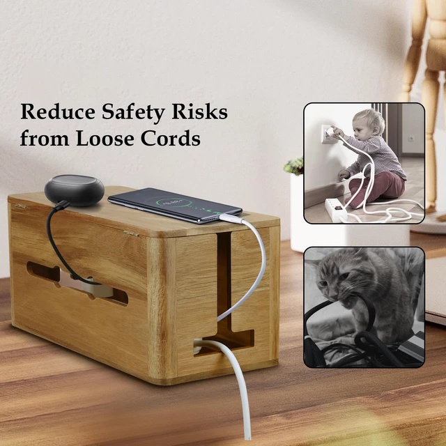 Alt view image 6 of 6 - Acacia Wood Cord Management Box, Magnetic Lid, Hide Cable & Cord Organizer | Ventilated Cable Management Box, Under Desk Cord Hider for Office Desk & Floor, Cable Organizer for Power Strip and Cords