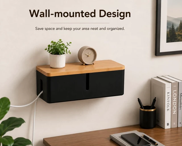 Alt view image 3 of 7 - Large Cable Management Box Premium Wood Cord Organizer & Power Strip Concealer, Wall-Mountable Cable Organizer for Desk, TV, Home & Office Black