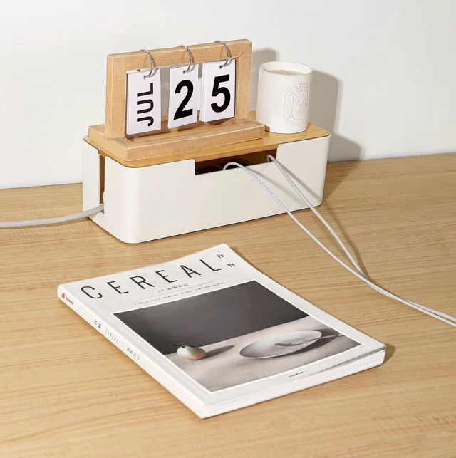 Alt view image 5 of 6 - Cable Management Box, Cord Organizer Box with Bamboo Lid, White | Cable Box Organizer, Cord Hider Box for Under Desk Power Strip, ABS Material, Baby Proof, Home & Office
