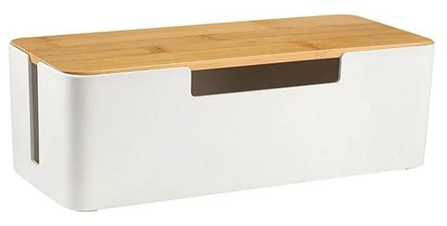 Main image of Cable Management Box, Cord Organizer Box with Bamboo Lid, White | Cable Box Organizer, Cord Hider Box for Under Desk Power Strip, ABS Material, Baby Proof, Home & Office