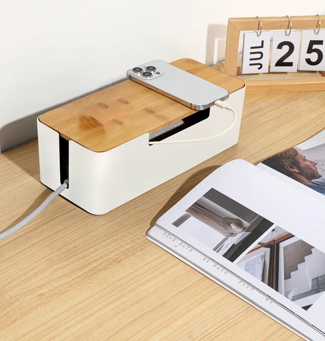 Alt view image 6 of 6 - Cable Management Box, Cord Organizer Box with Bamboo Lid, White | Cable Box Organizer, Cord Hider Box for Under Desk Power Strip, ABS Material, Baby Proof, Home & Office