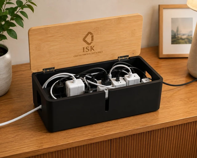 Alt view image 6 of 7 - Large Cable Management Box Premium Wood Cord Organizer & Power Strip Concealer, Wall-Mountable Cable Organizer for Desk, TV, Home & Office Black