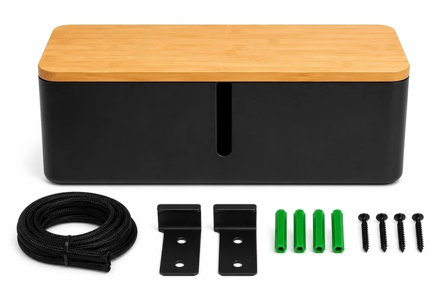 Main image of Large Cable Management Box Premium Wood Cord Organizer & Power Strip Concealer, Wall-Mountable Cable Organizer for Desk, TV, Home & Office Black
