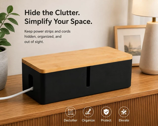 Alt view image 2 of 7 - Large Cable Management Box Premium Wood Cord Organizer & Power Strip Concealer, Wall-Mountable Cable Organizer for Desk, TV, Home & Office Black