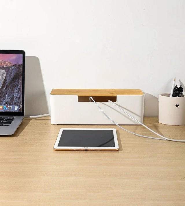 Alt view image 4 of 6 - Cable Management Box, Cord Organizer Box with Bamboo Lid, White | Cable Box Organizer, Cord Hider Box for Under Desk Power Strip, ABS Material, Baby Proof, Home & Office