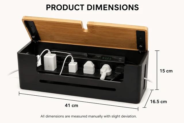 Alt view image 7 of 7 - Large Cable Management Box Premium Wood Cord Organizer & Power Strip Concealer, Wall-Mountable Cable Organizer for Desk, TV, Home & Office Black