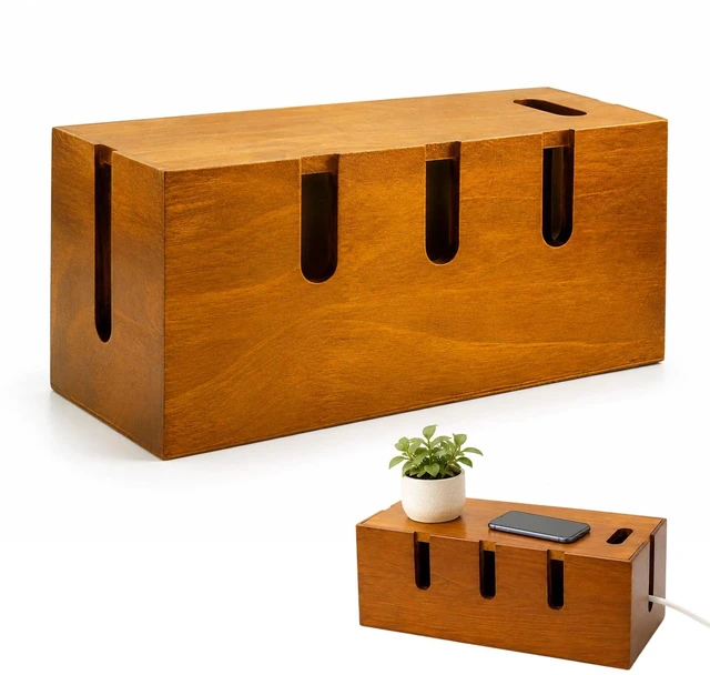 Main image of 12" Acacia Wood Cable Management Box, Cord Hider Organizer | with Wide Cable Slots, Hides Power Strip Cords for Under Desk, TV, Home Office, Desktop and Floor
