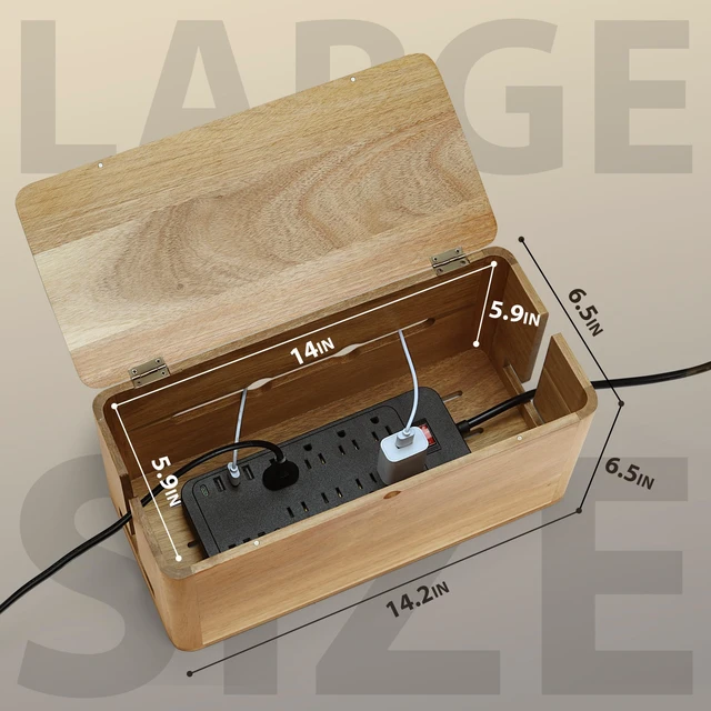 Alt view image 2 of 7 - Large Acacia Wood Cable Management Box, Magnetic Lid, Cable Organizer | Ventilated Design, Cord Organizer Power Strip Box with Outlet Covers, Cord Hider for Desk and Floor Cable Storage