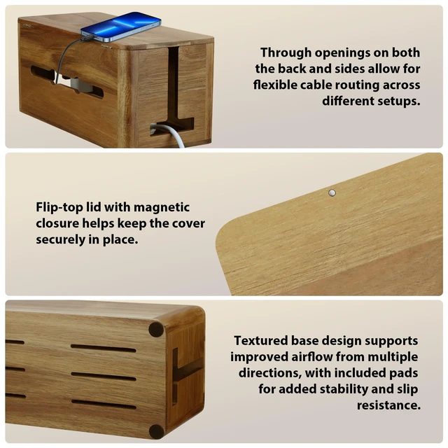 Alt view image 3 of 7 - Large Acacia Wood Cable Management Box, Magnetic Lid, Cable Organizer | Ventilated Design, Cord Organizer Power Strip Box with Outlet Covers, Cord Hider for Desk and Floor Cable Storage