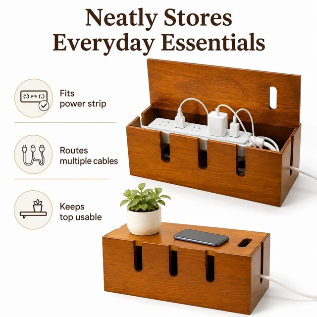 Alt view image 3 of 7 - 12" Acacia Wood Cable Management Box, Cord Hider Organizer | with Wide Cable Slots, Hides Power Strip Cords for Under Desk, TV, Home Office, Desktop and Floor