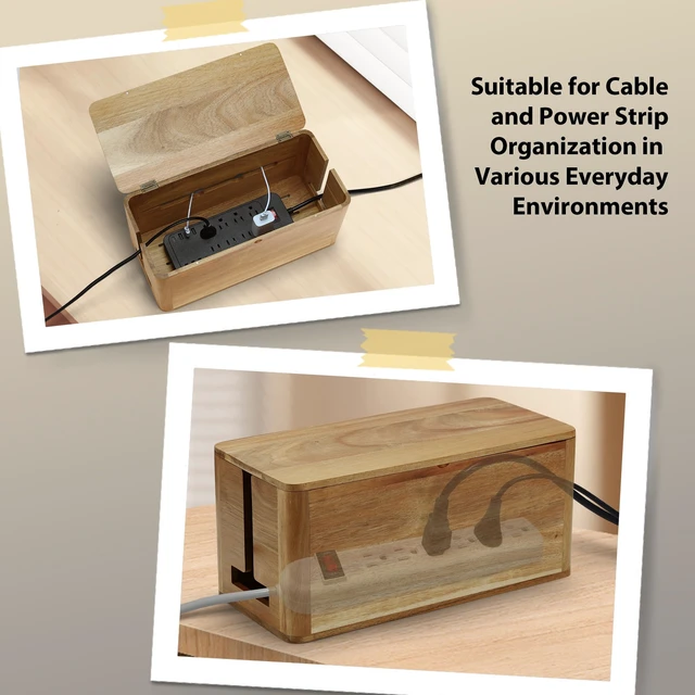 Alt view image 4 of 7 - Large Acacia Wood Cable Management Box, Magnetic Lid, Cable Organizer | Ventilated Design, Cord Organizer Power Strip Box with Outlet Covers, Cord Hider for Desk and Floor Cable Storage