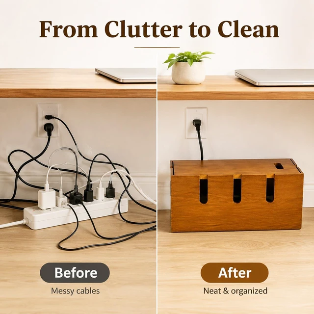 Alt view image 4 of 7 - 12" Acacia Wood Cable Management Box, Cord Hider Organizer | with Wide Cable Slots, Hides Power Strip Cords for Under Desk, TV, Home Office, Desktop and Floor