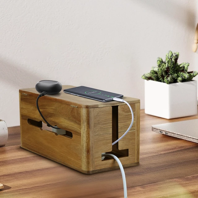 Alt view image 5 of 7 - Large Acacia Wood Cable Management Box, Magnetic Lid, Cable Organizer | Ventilated Design, Cord Organizer Power Strip Box with Outlet Covers, Cord Hider for Desk and Floor Cable Storage
