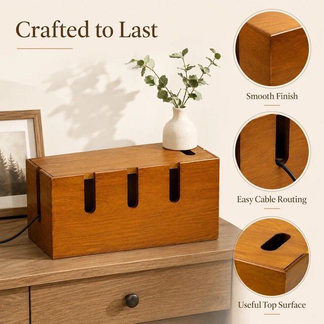 Alt view image 5 of 7 - 12" Acacia Wood Cable Management Box, Cord Hider Organizer | with Wide Cable Slots, Hides Power Strip Cords for Under Desk, TV, Home Office, Desktop and Floor