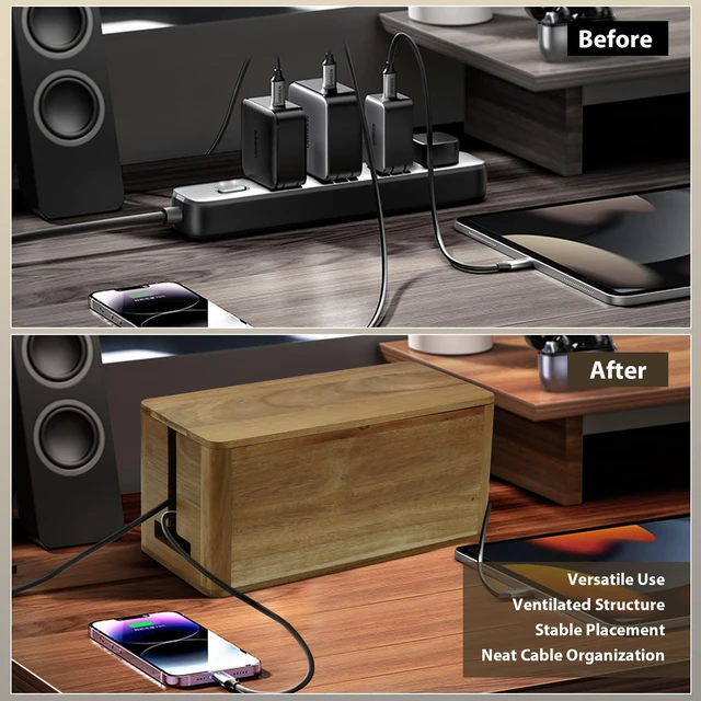 Alt view image 7 of 7 - Large Acacia Wood Cable Management Box, Magnetic Lid, Cable Organizer | Ventilated Design, Cord Organizer Power Strip Box with Outlet Covers, Cord Hider for Desk and Floor Cable Storage