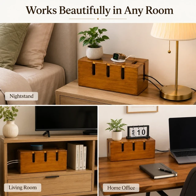 Alt view image 6 of 7 - 12" Acacia Wood Cable Management Box, Cord Hider Organizer | with Wide Cable Slots, Hides Power Strip Cords for Under Desk, TV, Home Office, Desktop and Floor