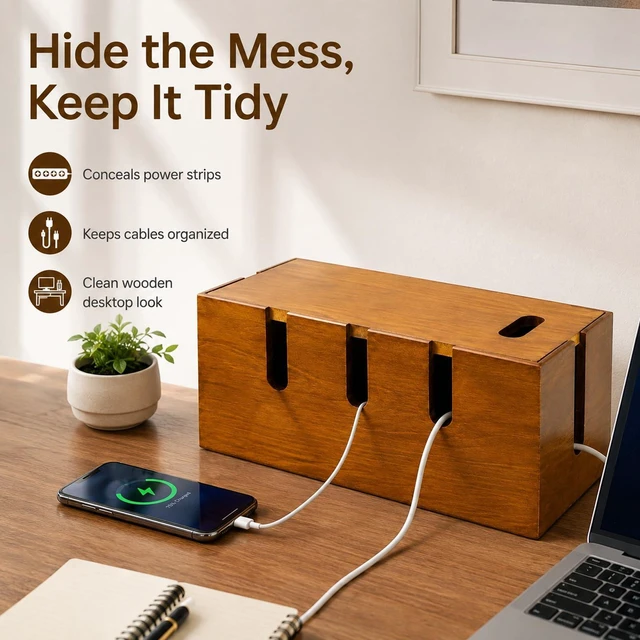 Alt view image 7 of 7 - 12" Acacia Wood Cable Management Box, Cord Hider Organizer | with Wide Cable Slots, Hides Power Strip Cords for Under Desk, TV, Home Office, Desktop and Floor