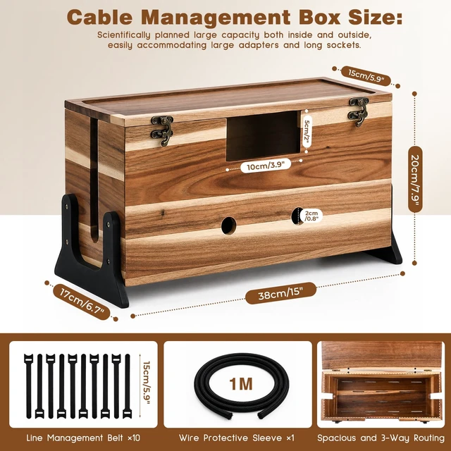 Alt view image 2 of 7 - Extra Large Cable Management Box, 14.2-Inch Acacia Wood Cord Hider Box with Dual Locks and Magnetic Lid, Power Strip Cover and Cable Organizer for Desk, Floor, TV Wires and Home Office