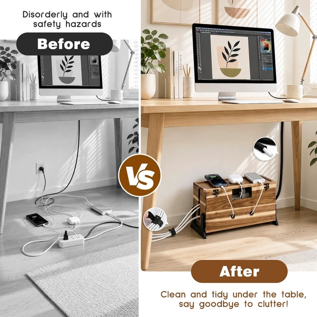 Alt view image 4 of 7 - Extra Large Cable Management Box, 14.2-Inch Acacia Wood Cord Hider Box with Dual Locks and Magnetic Lid, Power Strip Cover and Cable Organizer for Desk, Floor, TV Wires and Home Office