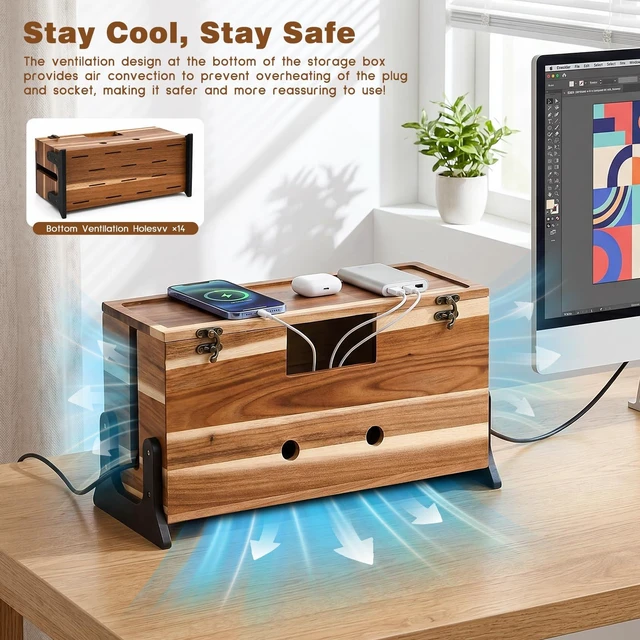 Alt view image 3 of 7 - Extra Large Cable Management Box, 14.2-Inch Acacia Wood Cord Hider Box with Dual Locks and Magnetic Lid, Power Strip Cover and Cable Organizer for Desk, Floor, TV Wires and Home Office
