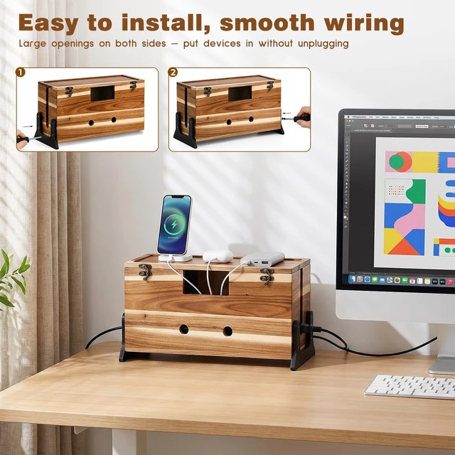 Alt view image 6 of 7 - Extra Large Cable Management Box, 14.2-Inch Acacia Wood Cord Hider Box with Dual Locks and Magnetic Lid, Power Strip Cover and Cable Organizer for Desk, Floor, TV Wires and Home Office