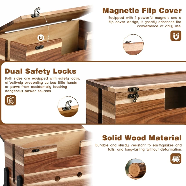 Alt view image 5 of 7 - Extra Large Cable Management Box, 14.2-Inch Acacia Wood Cord Hider Box with Dual Locks and Magnetic Lid, Power Strip Cover and Cable Organizer for Desk, Floor, TV Wires and Home Office