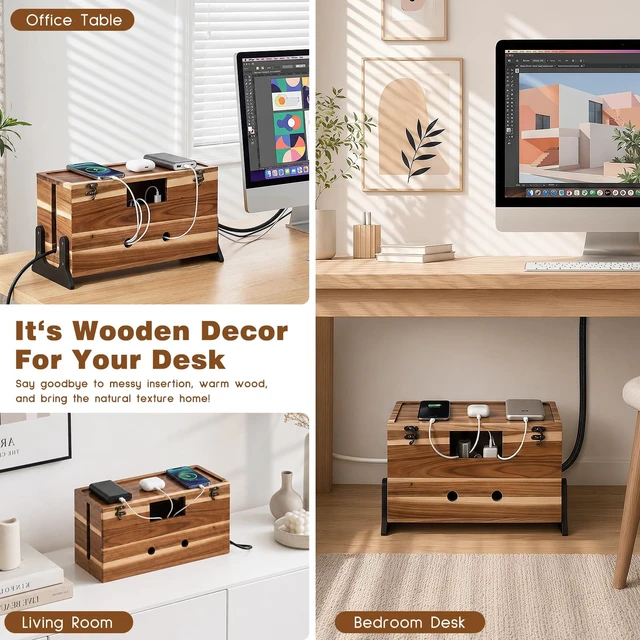 Alt view image 7 of 7 - Extra Large Cable Management Box, 14.2-Inch Acacia Wood Cord Hider Box with Dual Locks and Magnetic Lid, Power Strip Cover and Cable Organizer for Desk, Floor, TV Wires and Home Office