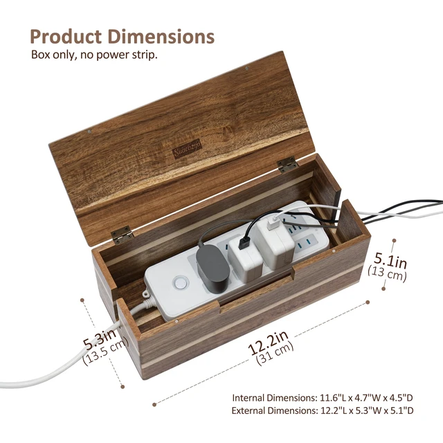 Alt view image 3 of 7 - Acacia Wood Cable Management Box - Cord Hider&Organizer for TV Wires | Power Strip, Electrical Hiding, Desk & Floor Cables - Solution Wire Storage Solution for Office, Bedroom, Living Room
