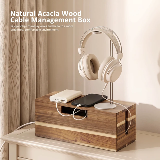 Alt view image 2 of 7 - Acacia Wood Cable Management Box - Cord Hider&Organizer for TV Wires | Power Strip, Electrical Hiding, Desk & Floor Cables - Solution Wire Storage Solution for Office, Bedroom, Living Room
