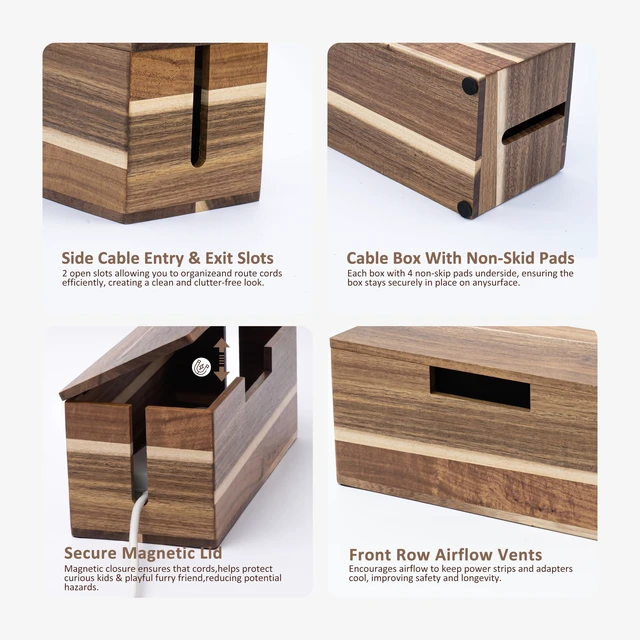 Alt view image 5 of 7 - Acacia Wood Cable Management Box - Cord Hider&Organizer for TV Wires | Power Strip, Electrical Hiding, Desk & Floor Cables - Solution Wire Storage Solution for Office, Bedroom, Living Room
