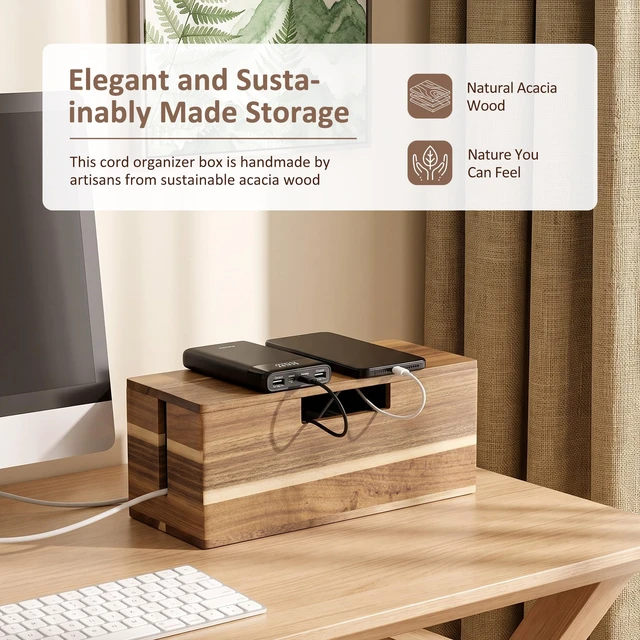 Alt view image 4 of 7 - Acacia Wood Cable Management Box - Cord Hider&Organizer for TV Wires | Power Strip, Electrical Hiding, Desk & Floor Cables - Solution Wire Storage Solution for Office, Bedroom, Living Room