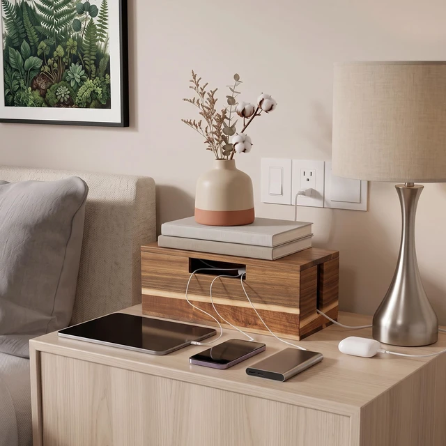 Alt view image 6 of 7 - Acacia Wood Cable Management Box - Cord Hider&Organizer for TV Wires | Power Strip, Electrical Hiding, Desk & Floor Cables - Solution Wire Storage Solution for Office, Bedroom, Living Room