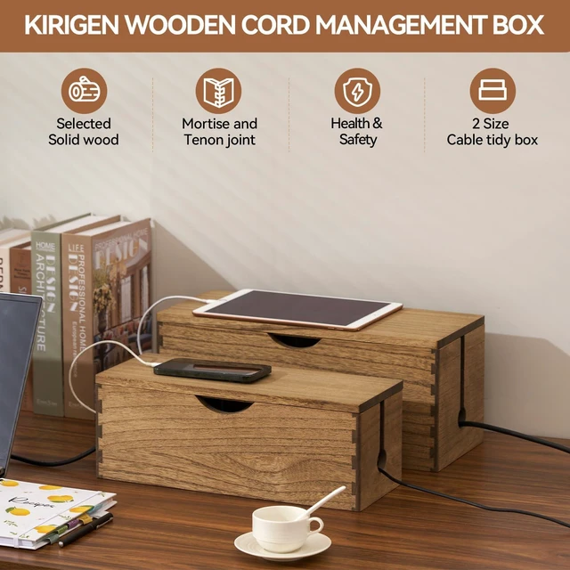 Alt view image 2 of 7 - Wooden Cable Management Box Set of 2, Cord Organizer, Brown | Large and Small Solid Wood Boxes with Removable Lids for Power Strips, Chargers, Routers, and Desks Home Office
