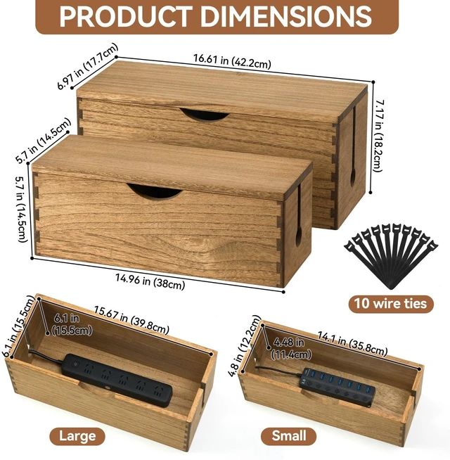 Alt view image 3 of 7 - Wooden Cable Management Box Set of 2, Cord Organizer, Brown | Large and Small Solid Wood Boxes with Removable Lids for Power Strips, Chargers, Routers, and Desks Home Office