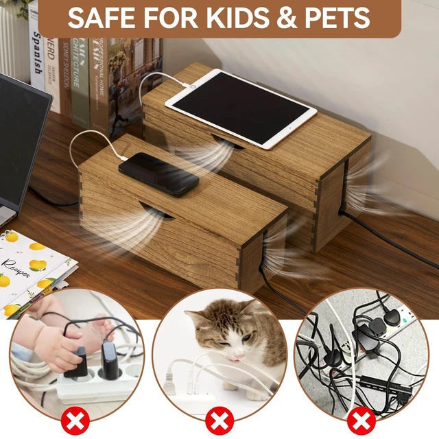 Alt view image 6 of 7 - Wooden Cable Management Box Set of 2, Cord Organizer, Brown | Large and Small Solid Wood Boxes with Removable Lids for Power Strips, Chargers, Routers, and Desks Home Office