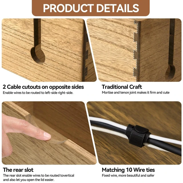 Alt view image 4 of 7 - Wooden Cable Management Box Set of 2, Cord Organizer, Brown | Large and Small Solid Wood Boxes with Removable Lids for Power Strips, Chargers, Routers, and Desks Home Office