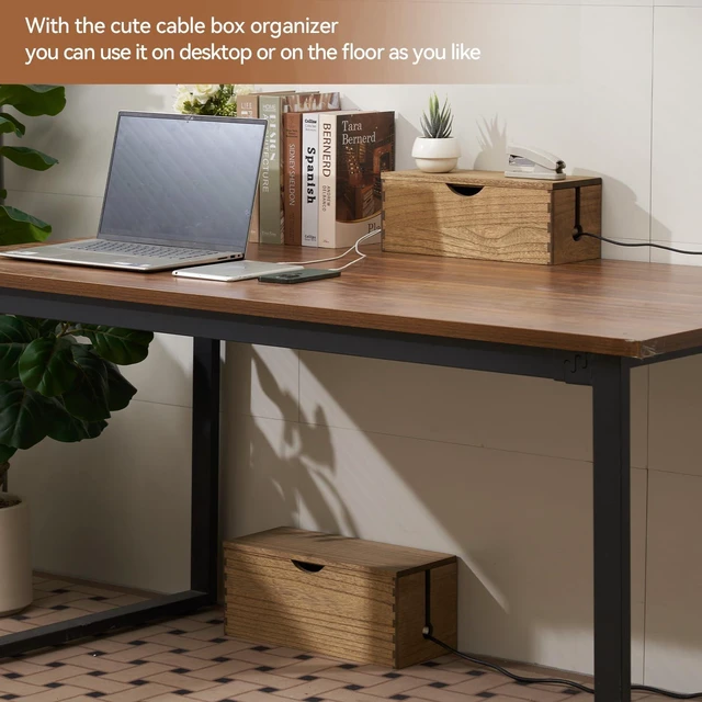 Alt view image 7 of 7 - Wooden Cable Management Box Set of 2, Cord Organizer, Brown | Large and Small Solid Wood Boxes with Removable Lids for Power Strips, Chargers, Routers, and Desks Home Office