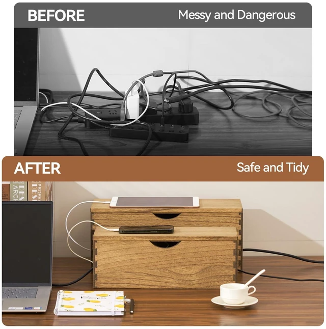 Alt view image 5 of 7 - Wooden Cable Management Box Set of 2, Cord Organizer, Brown | Large and Small Solid Wood Boxes with Removable Lids for Power Strips, Chargers, Routers, and Desks Home Office