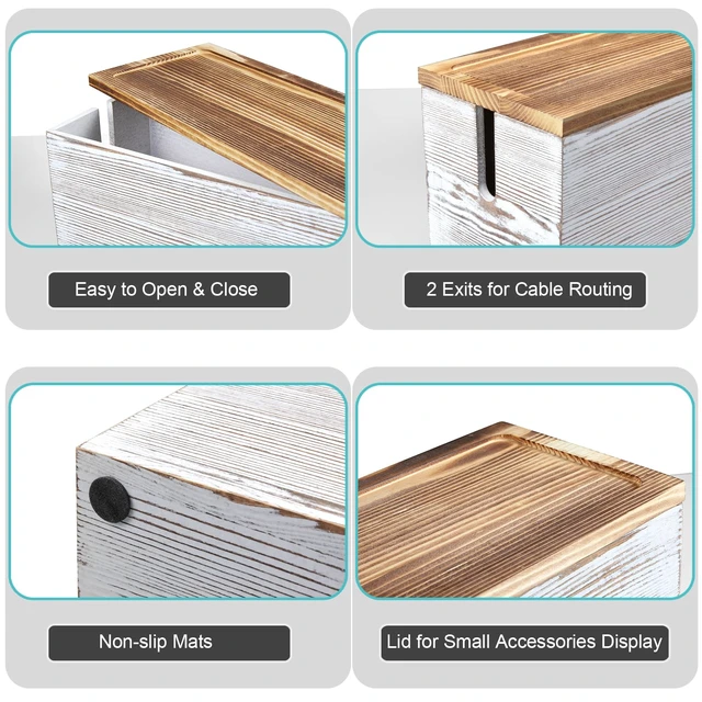 Alt view image 4 of 7 - Large Cable Management Box, White Washed Wood Cord Organizer Box for Desk, Floor, Office to Hide Extension Cords Power Stripes Surge Protectors Chargers Wires