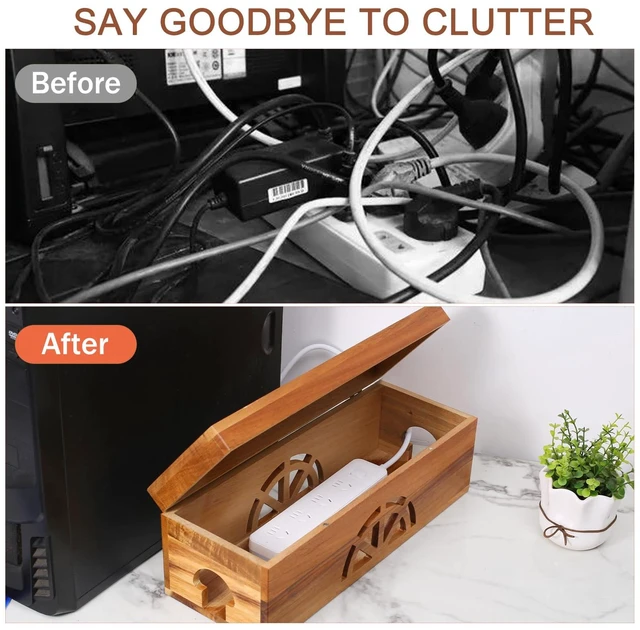 Alt view image 3 of 7 - Wood Cable Management Box - 15.8" (L) x 6" (W) 5.5" (H) Acacia Wood Cable Hider Box, Cord Hider with Magnet Design & Outlet Hole, Power Strip Surge Protect & Organizer for Home Office Kitchen TV Wires