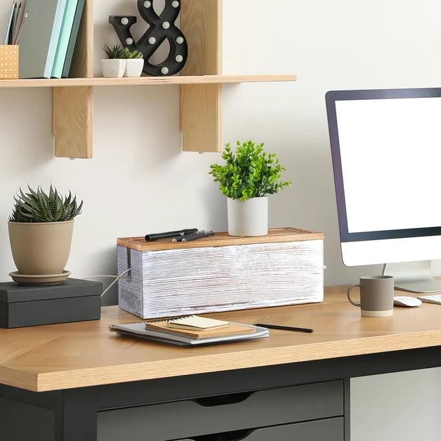 Alt view image 6 of 7 - Large Cable Management Box, White Washed Wood Cord Organizer Box for Desk, Floor, Office to Hide Extension Cords Power Stripes Surge Protectors Chargers Wires
