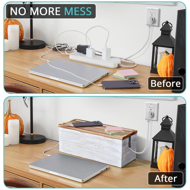Alt view image 5 of 7 - Large Cable Management Box, White Washed Wood Cord Organizer Box for Desk, Floor, Office to Hide Extension Cords Power Stripes Surge Protectors Chargers Wires