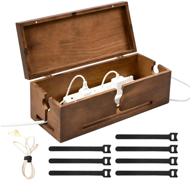 Main image of Wood Cable Management Box for Power Strip, Solid Wood Cord Organizer Box with Lid, Wire Storage Box for Desk, Living Room, Office and Media Setup