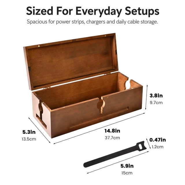 Alt view image 2 of 7 - Wood Cable Management Box for Power Strip, Solid Wood Cord Organizer Box with Lid, Wire Storage Box for Desk, Living Room, Office and Media Setup