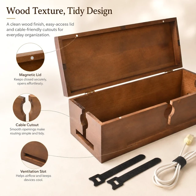 Alt view image 3 of 7 - Wood Cable Management Box for Power Strip, Solid Wood Cord Organizer Box with Lid, Wire Storage Box for Desk, Living Room, Office and Media Setup