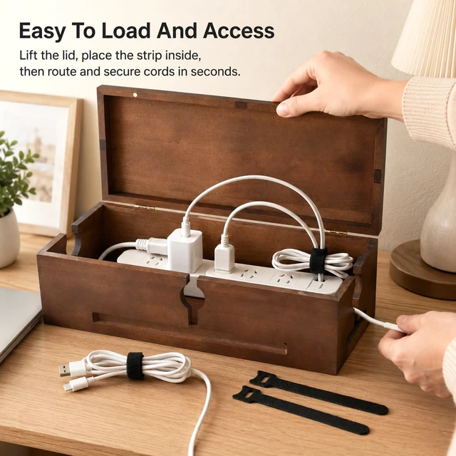 Alt view image 4 of 7 - Wood Cable Management Box for Power Strip, Solid Wood Cord Organizer Box with Lid, Wire Storage Box for Desk, Living Room, Office and Media Setup