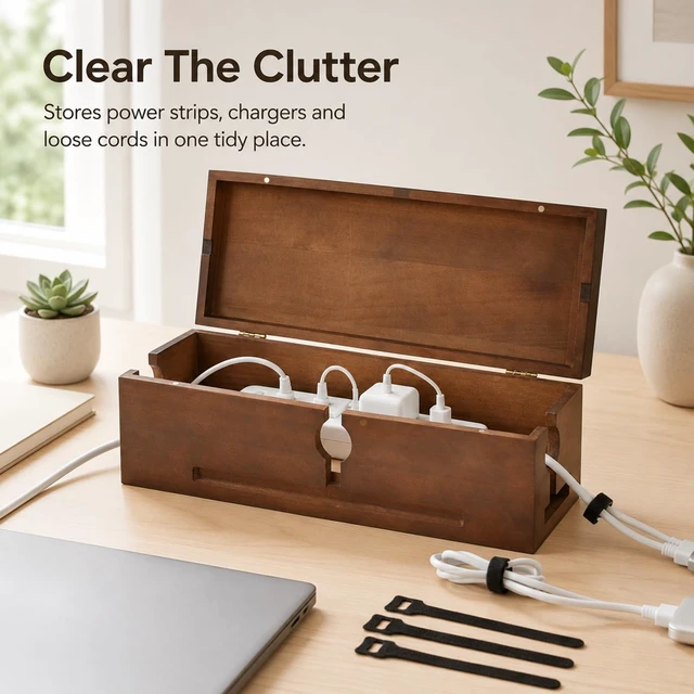 Alt view image 5 of 7 - Wood Cable Management Box for Power Strip, Solid Wood Cord Organizer Box with Lid, Wire Storage Box for Desk, Living Room, Office and Media Setup